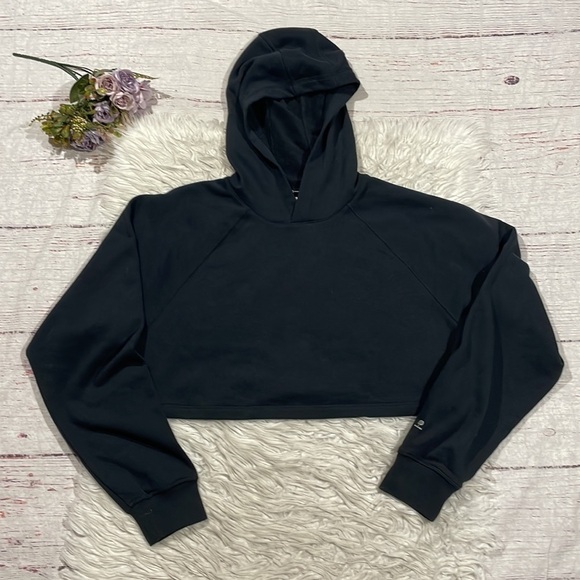 Bandier x Something Navy Cropped Pullover Hoodie in Black - Picture 2 of 12